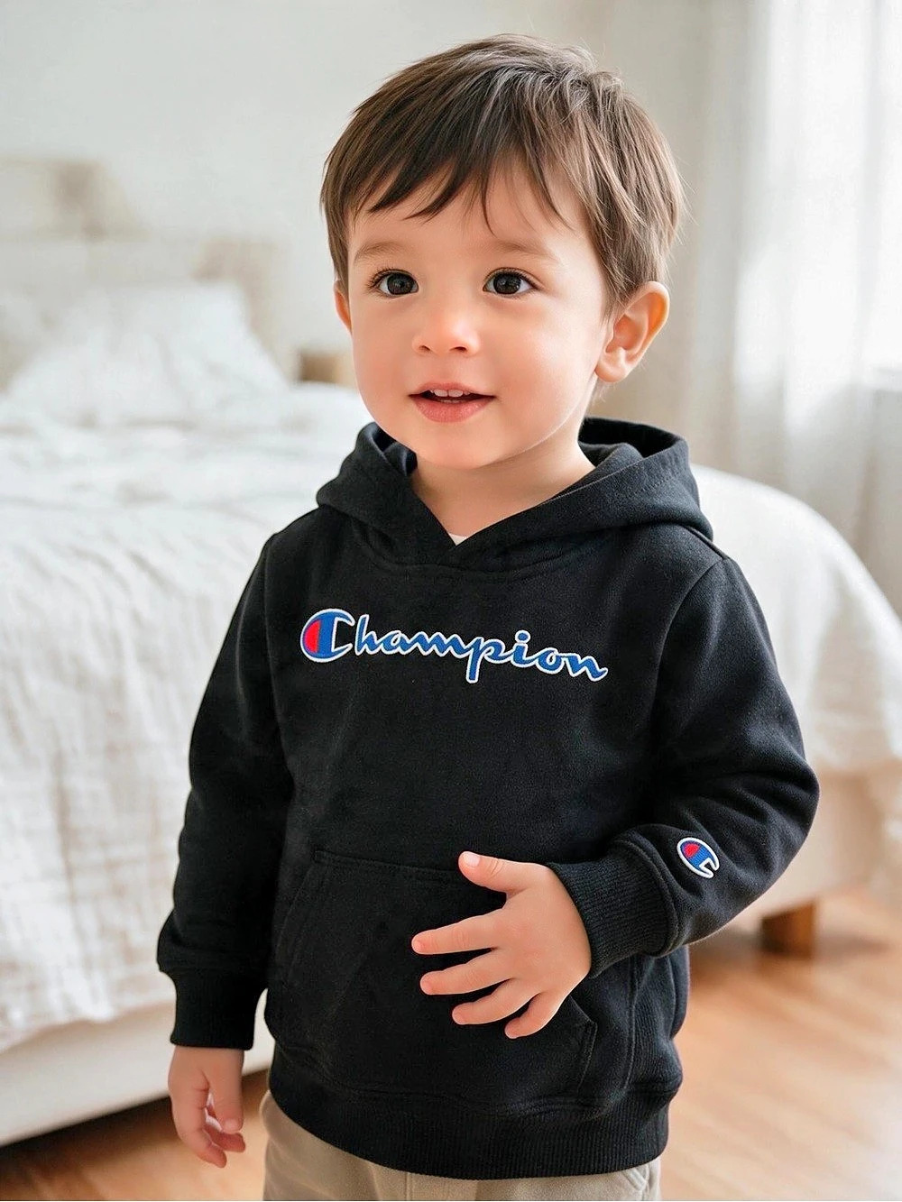 Champion Kids Script Logo Pullover Fleece Hoodie Kids Black Pullover Hoodie